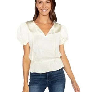 S'edge Apparel Mila Satin and Gauze Puff Sleeve Blouse Top in Frosting Size S